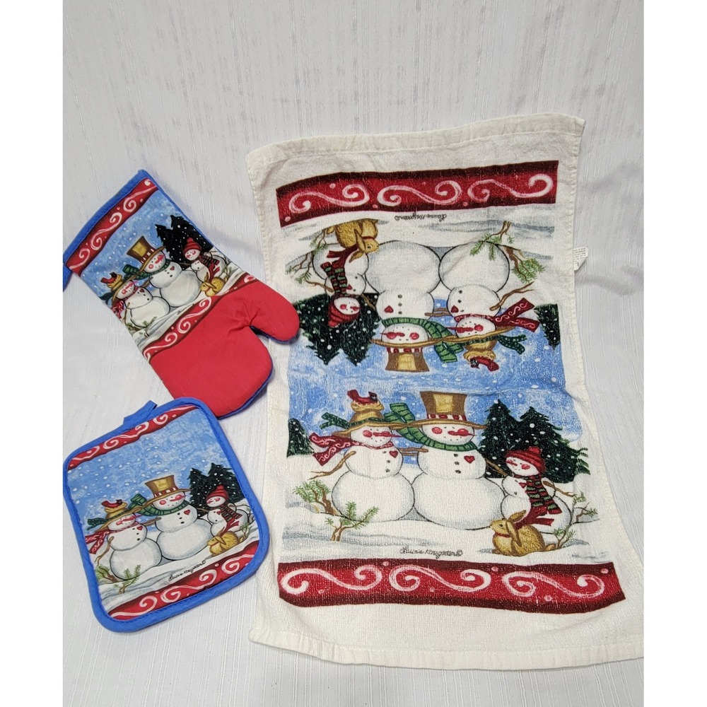 Holiday Kitchen Set Oven Mitt Pot Holder Towel 3pc Laurie Krasny Brown Snowman